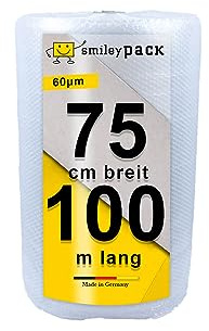 smiley pack 1 Rolle Luftpolsterfolie Breite 0,75 x 100 m Bubble Wrap Polsterfolie Fläche 75 qm Dicke 60 my Bläschenfolie Noppenfolie Einpackfolie Blisterfolie Luftpolster Verpackungsmaterial