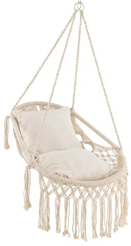 COSTWAY Silla Colgante Exterior/Interior con Flecos, Hamaca Colgante con 2 Cojines De Asiento Suaves, Cuerda y Cadena para Colgar, Columpio para Dormitorio, Patio, Patio Trasero, Máximo 150 Kg
