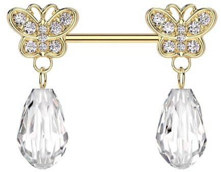 beyoutifulthings bröstvårtor piercing guld silver fjäril-e dropphänge klar bröstpiercing bröstvårta piercing kirurgiskt stål stav 12 mm, 12 mm, Rostfritt stål
