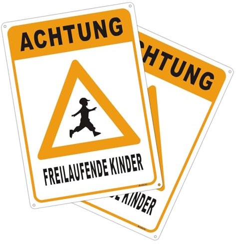 2tlg. Langsam-fahren-schild Sicherheitschilder Achtungschild Freilaufende Kinder Schild Outdoor aus Aluminium für Höfe, Parkhäuser, Dörfer, Schulen usw., Größe 25x35cm (Gelb)