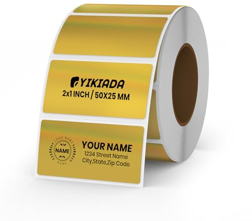 YIKIADA Etichette termiche dirette dorate Vinile 1 x 2 pollici Adesivi rettangolari autoadesivi glitterati Rotolo Decalcomanie per stampante impermeabile Etichetta con nome per codice QR Indirizzo uff
