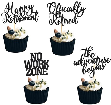 Arthsdite 24 Pcs Happy Retirement Cupcake Toppers Officially Retired No Work Zone Adventure Begins Cupcake Pick Decorations Retirement Theme Farewell Birthday Party Cake Decorations - Black Glitter