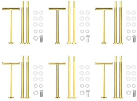 Koomuao - Soporte para tartas (6 unidades, forma de T, soporte para tartas, 3 etapas, soporte para platos de metal, soporte de platos, soporte de platos, servicio de mesa, bandeja no incluida, dorado)