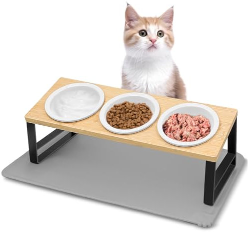 Avmvnvc Ciotole per Gatti Rialzate - 3 Ciotola per Gatti e Cani in Ceramica - Ciotola Gatto Legno 15° Inclinate con Supporto in Metallo e Tappetini Antiscivolo - Ciotole per Cani Piccoli, Gattini