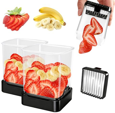 2 Pack Fruit Slicer Cup for Strawberry, Banana, Hard-Boiled Egg - Detachable Cutter with Push Plate - Rapid & Safe Slicing Kitchen Gadget for Quick Meal Prep (Black)