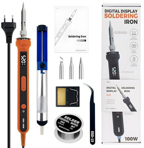 Treedix 100W verstellbarer Temperatur Lötkolben mit digitaler Anzeige, Mini Lötkolben, drei zusätzliche Lötkolbenspitzen, Pinzette, Entlötpumpsauger, Lötzinn und Ständer (EU-Stecker)