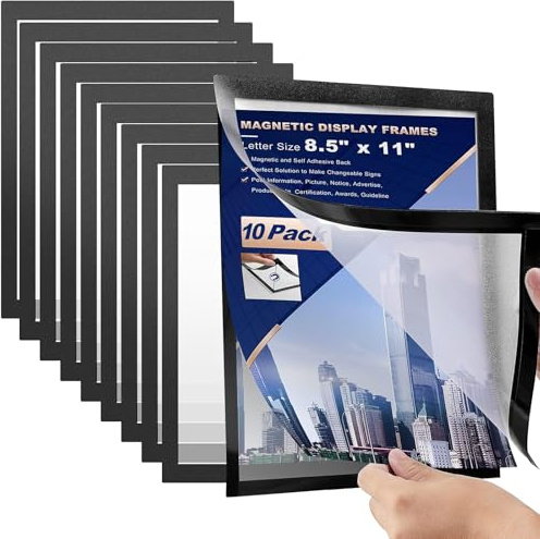 10 Pack A4 Magnetic Sign Holders, Self-Adhesive Display Frames, Black | Clear Poster Frames for Office Doors, Windows, Fridges and Whiteboards, Easy Front-Opening Design