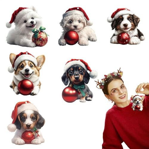 Lueear Adornos de perro para árbol de Navidad, 6 figuras de perro con sombrero de Papá Noel, adorno acrílico 2D para decoración de árbol de Navidad