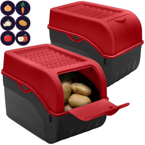 ARTECSIS® 2x Kartoffel Aufbewahrungsbox mit Deckel für 6 kg Kartoffeln (rot) - Vorratsbehälter & Vorratsdosen Gemüse & Lebensmittel - Kartoffelbox, Zwiebelbox, Gemüsebox (inkl. 6 Aufkleber)