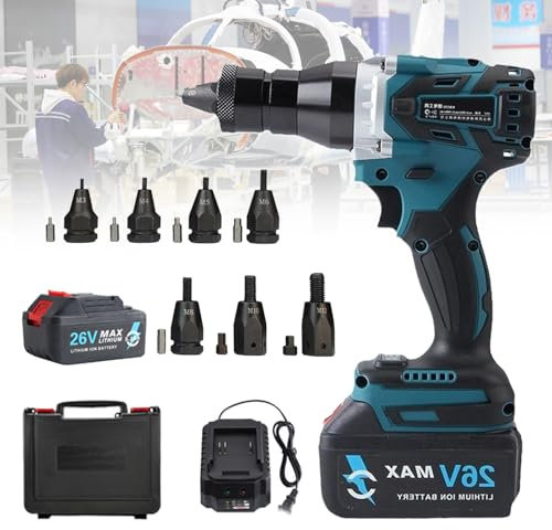 VNATWGOO Remachadora EléCtrica AutomáTica, Remachadora InaláMbrica De Doble Velocidad, Herramienta Remachadora con IluminacióN Led, Agarre Suave, con Cabezal De TraccióN M3/M4/M5/M6/M8/M10/M12