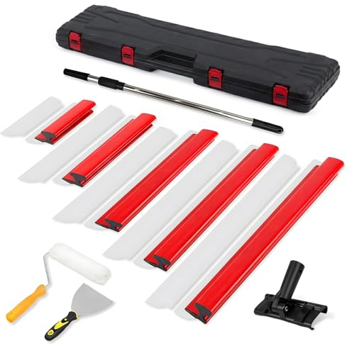 WUDLEP Premium Spachtelset, 5 x Flächenspachtel (200mm, 400mm, 600mm, 800mm, 1000mm), 0,35 mm und 0,5 mm Dicke, Teleskopgriff, Transportkoffer, Spatelsatz für Trockenbau und Verputzarbeiten