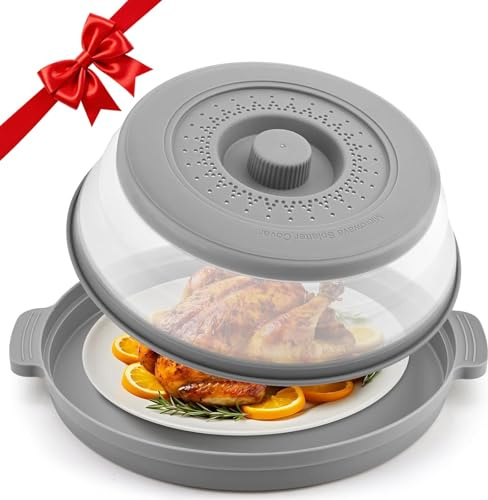 Microwave Cover for Food with Anti-scald Base Mat,Kitchen Gadgets Large Plastic & Silicone Vented Avoid Scalding Collapsible Guard Lid, Plate Holder & Kitchen Colander Meal Prep-10.7 Inch (Gray)