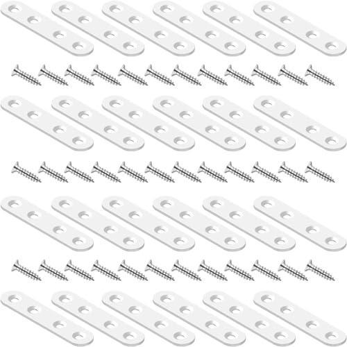24 Pack Flat Brackets White Straight Braces 3 Inch Stainless Steel Mending Plates, Heavy Duty Repair Fixing Joining Metal Strip for DIY, Wood, Furniture, with Screws
