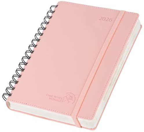 POPRUN Kalender 2026 Tagesplaner Softcover 21,5 x 14,5 cm (Jan.2026-Dez.2026), Tageskalender Ringbuch 1 Tag 1 Seite (Montag - Sonntag) mit PU-Leder, Monatliche Registerkarten - Zartrosa