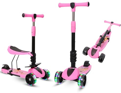 Habib 3-in-1 Kinderroller mit Sitz - Dreirad Tretroller, Faltbar, Höhenverstellbar, LED Räder, Kinderroller ab 3 Jahren (Bis 50kg) - Pink