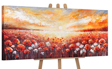 YS-Art Quadro Paesaggio Campo di Papaveri al Tramonto – Dipinto Panoramico su Tela per Soggiorno o Ufficio 115x50 cm