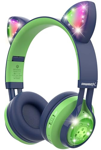 Riwbox Kids Headphones, CT-7S Cat Ear Bluetooth Headphones with LED Light, 85dB Volume Limiting, Over Ear with Microphone for Laptop/PC/TV (Green&Navy Blue)