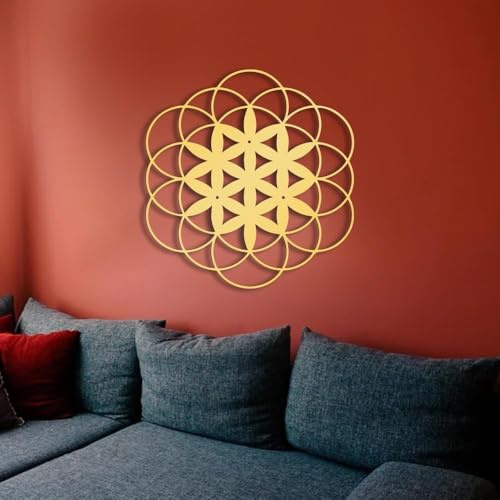 Decoración de Pared geométrica, Semilla de la Vida, Flor de la Vida, Metal - Geométrico Dorado Espiritual para el hogar, Oficina, Dormitorio, Obra de Metal Moderna (40 x 38 cm)