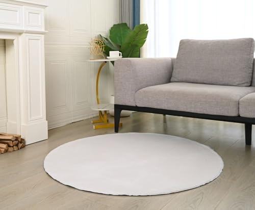 VIMODA Teppich Wohnzimmer Schlafzimmer Flauschig, kurzflorig – waschbar und Fußbodenheizung geeignet,Farbe:Creme;Maße:Ø 120 cm Rund