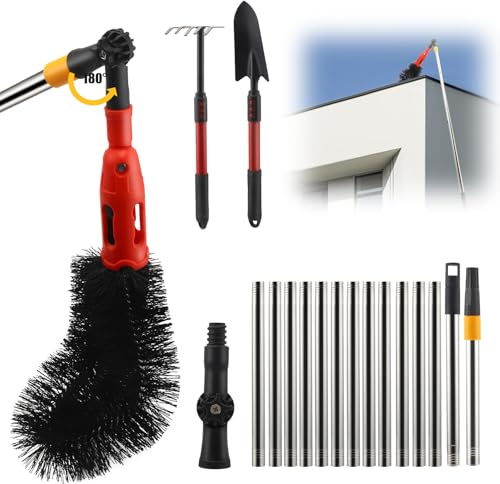 Neulriscn Gutter Cleaning Tools, 4M/13.12FT Extendable Gutter Cleaner Kit with Adjustable Angle, Gutter Brush, Shovel & Rake, Roofing Guard Cleaner with Telescopic Pole for Removing Leaves, Debris