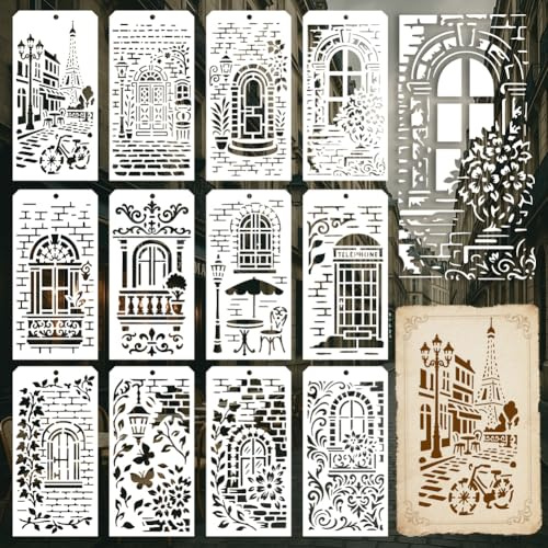 GOMAKERER 12 Blatt Retro Schablonen Im Französischen Zum Malen, 12 Stile Französische Straßenansicht Zeichenvorlagen Vintage Muster Wiederverwendbare Kunstschablone Zum Malen Auf Wand Heimdekoration