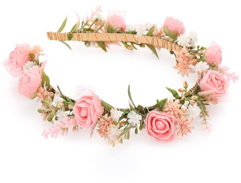 PartyforU Blumenkranz Haare Elfenohren Elfen Feen Kostüm Damen Frauen Rosa Blumenkopfband Romantisches Böhmisches Spitzen Schaumkopfstück für Faschingskostüme Karneval