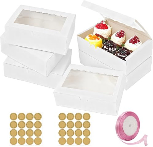 Joyseedi 25 PCS Cookie Boxes with Window, 8.5” x 5.5” x 2” Bakery Boxes White Dessert Packaging Gift Box for Cake, Biscuit, Candy, Brownie, Donuts for Bakery Shop Birthday Wedding Christmas Party