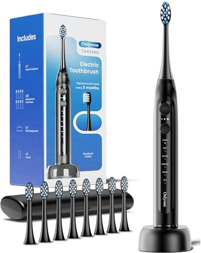 Onlyone Ultrasonic Electric Toothbrush for Adults, Rechargeable Electric Toothbrush with 8 Brush Heads, Travel Case, Charging Base & Wireless Charging - 5 Modes with Smart Timer