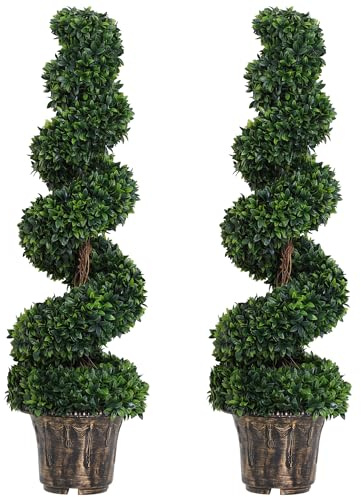 Outsunny Set de 2 Plantas de Boj en Espiral de 120cm para Interior, Plantas Artificiales para Interior y Exterior con Maceta Incluida, Planta de imitación para Hogar, Oficina, Sala de Estar,