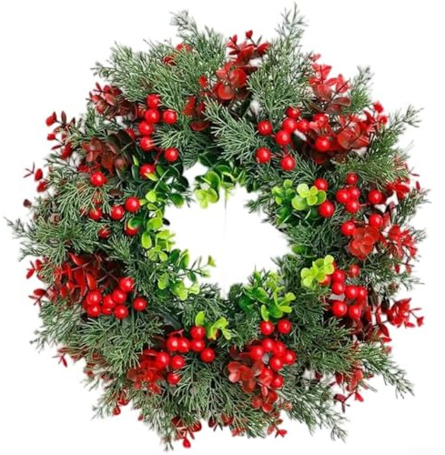 Moliuoly Grapevine Kranz mit Eukalyptus und Beerendekor 35cm Leicht für Tür Wand Tisch Weihnachtsdeko Frühlingsdeko Natur Grün Rot Festliche DIY Saisonale Dekoration Langlebig Modern Landhausstil