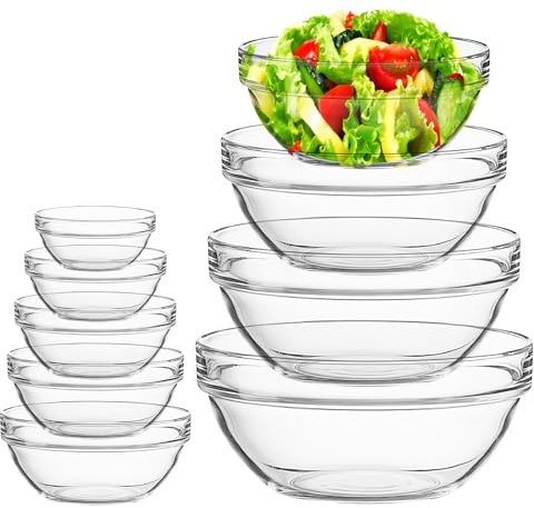 HFZCV 9 Stück Glasschüssel Set, Klare Rührschüssel Verschiedenen Größe, Salatschüssel Glas für Backofen, Mikrowelle, Küche, Backen