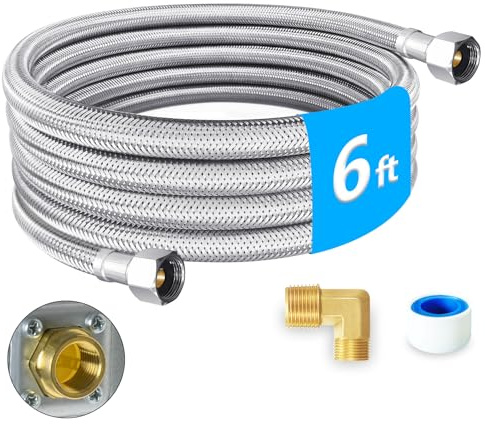 6FT Dishwasher Water Supply Line with 3/8 Comp x 3/8 Comp Connections, Stainless Steel Braided Hose with 3/8 x 3/8 MIP Brass Elbow, Food-Grade PEX Inner Tube