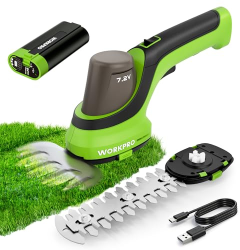 WORKPRO 7.2 V Cordless Hedge Trimmer & Grass Shear with Removable Battery | 2 Interchangeable Durable Blades, Safety Lock, Powerful Motor, Power Display, Power Bank Function, Lightweight & Portable