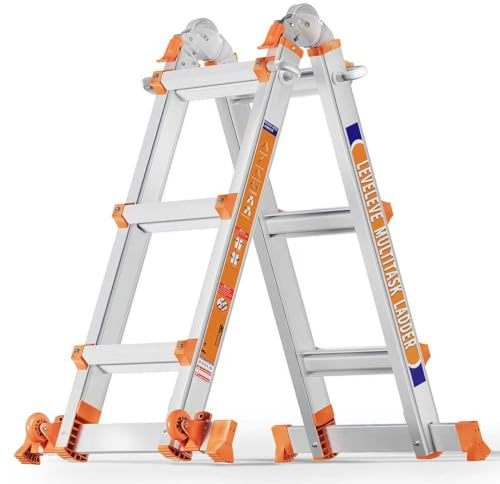 Échelle Polyvalente à 3 Niveaux,3,35 m, avec Tige stabilisatrice et Roues, capacité de Charge 150 kg, échelle de sécurité a pour échelles, Maison intérieure et extérieure, Toit