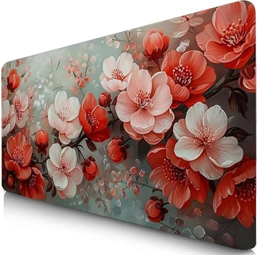 Gaming Mouse Pad Red Desk Mat Large 150x80cm XXL Mouse Mat Plant Long Computer Keyboard Mousepad with Slip Base Desk Pad Edge for Stable Grip on Smooth Surfaces for Home Office Gaming Room F0-255