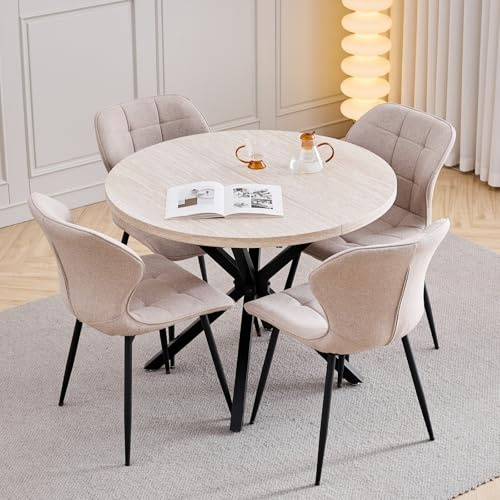 GrandCA HOME Set Tavolo e Sedie da Pranzo, 4 Sedie da Pranzo in Lino Color Kaki e un Tavolo Rotondo Moderno da 100 cm, Adatto per Cucina, Soggiorno, Caffetteria - Colore Travertino Giallo