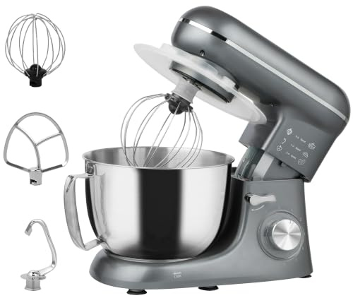HOMCOM Robot Pâtissier 1300 W Robot Pétrin Professionnel 4,5 L Argent | Bol d'Acier Inoxydable, 6+P Vitesses et Pulse, Tête Inclinable, Crochet à Pâte, Fouet, Batteur, Spatule, Pare-Éclaboussures