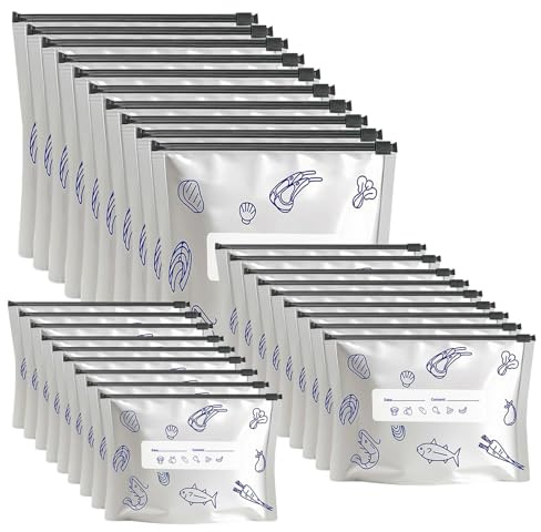 30 Pezzi Sacchetti Congelatore con Zip, Sacchetti in Alluminio per Alimenti, Sacchetti Richiudibili per Carne, Verdura, Frutta e Snack, 3 Misure, Conservazione Freschezza Prolungata