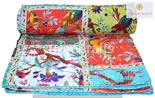 YUVANCRAFTS Kantha Patch Work - Colcha india de algodón (individual, multicolor)