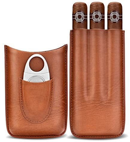 CIGARLOONG Cigar Case Leather Cigar Travel Case Humidor, Hold 3 Tube with Stainless Steel Cigar Cutter
