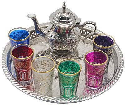Service à thé marocain complet, théière avec pieds de 400 ml, plateau avec pieds de 32 cm de diamètre et 6 verres colorés
