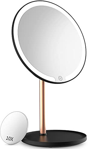 Kostlich Lighted Makeup Mirror - Rechargeable LED Tabletop Vanity Mirror with 10X Magnification Mini Cosmetic Mirror - 3 Color Lights Dimming, Touch Sensor, Portable Mirror for Travel