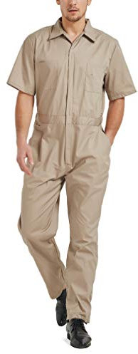 TOPTIE Men's Short-Sleeve Work Coverall Lightweight with Elastic Waist, Khaki Coverall