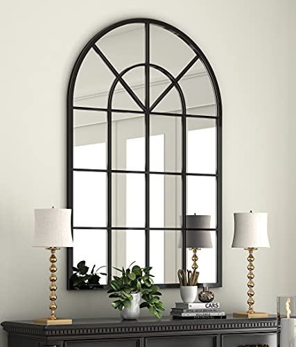 NXHOME Arched Window Mirror, 32×45 Black Windowpane Finished Metal Mirror for Wall Decor, 4ft Arch Decorative Mirrors for Living Room, Fireplace, Entryway, Outdoor Garden or Against The Wall