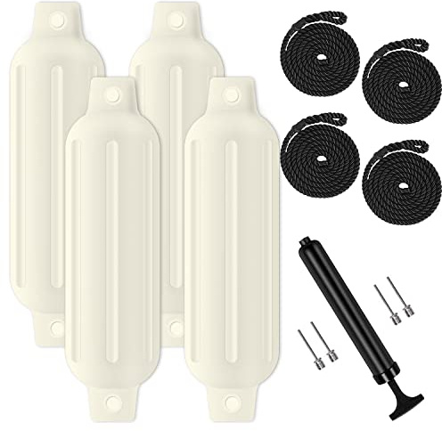 Turmaster Boat Fenders 4 Pack 4.5'' x16'', Ribbed Twin Eyes Boat Fenders Bumpers for Docking, Inflatable Marine Boat Bumper with 4 Ropes, 4 Needles and 1 Pump，White