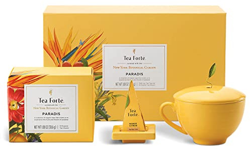 Tea Forte, Geschenkset mit Cafetasse, Teetablett und 10 handgefertigten Pyramiden-Tee-Ei (Paradis)