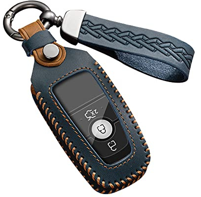 ontto Autoschlüssel Hülle Schlüsselcover Passt für Ford Fusion Mustang Explorer F150 Rand Mondeo Mk5 Focus Mk4 2019 2020 2021 Fernbedienung Schlüsselanhänger Leder Schlüsseletui Zubehör 3/4 Taste-Blau