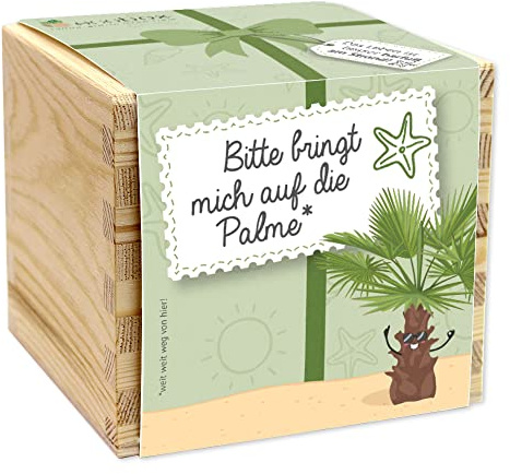 ecobox, Palme Bitte bringt mich auf die Palme, Pflanzen Aus Der Holzbox 11x11x10cm, Made in Austria, Nachhaltige Geschenkidee, Grow Your Own/Anzuchtset