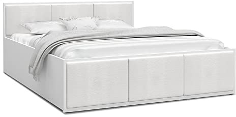 FurnitureByJDM Bett 140x200 mit Stauraum & Gepolsterte Einsätze | Doppelbett mit Bettkasten und aufklappbarem Lattenrost – Stauraumbett mit Liftfunktion PANAMA (Weiß/Weiße Einsätze)
