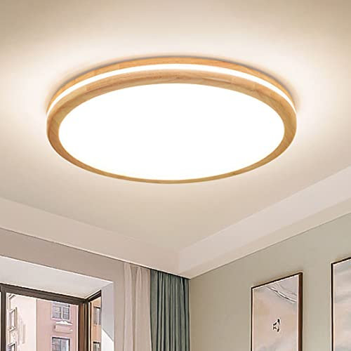 LED Holz Wohnzimmerleuchte Vintage Deckenleuchte Dimmbar mit Fernbedienung Runde Weiß Acryl Lampenschirm Deckenlampe 50cm Rustikale Schlafzimmer Lampe 50cm Modern Deckenbeleuchtung für Büro Esszimmer